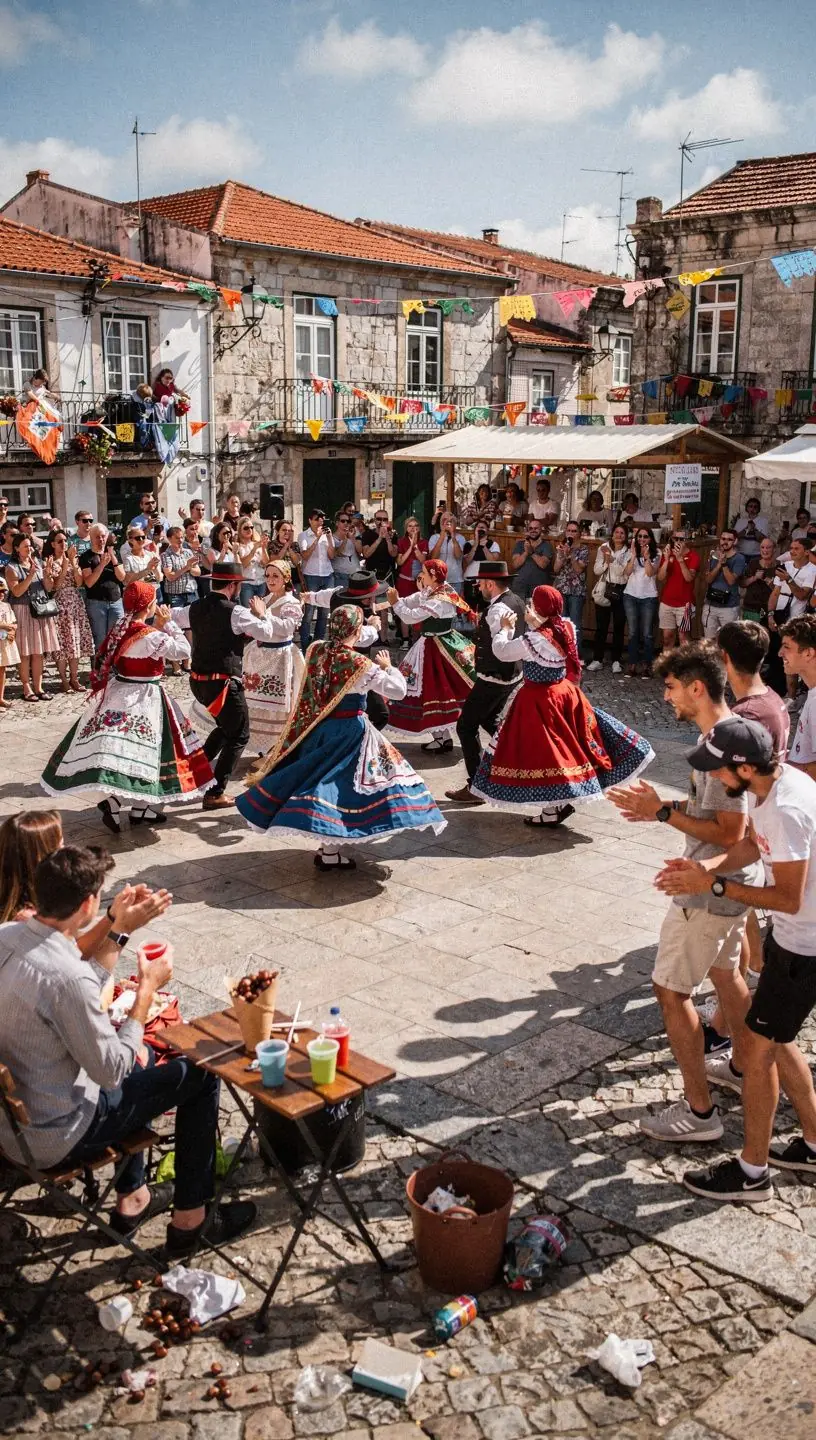 Festival cultural com comunidade, mercado e apresentações.