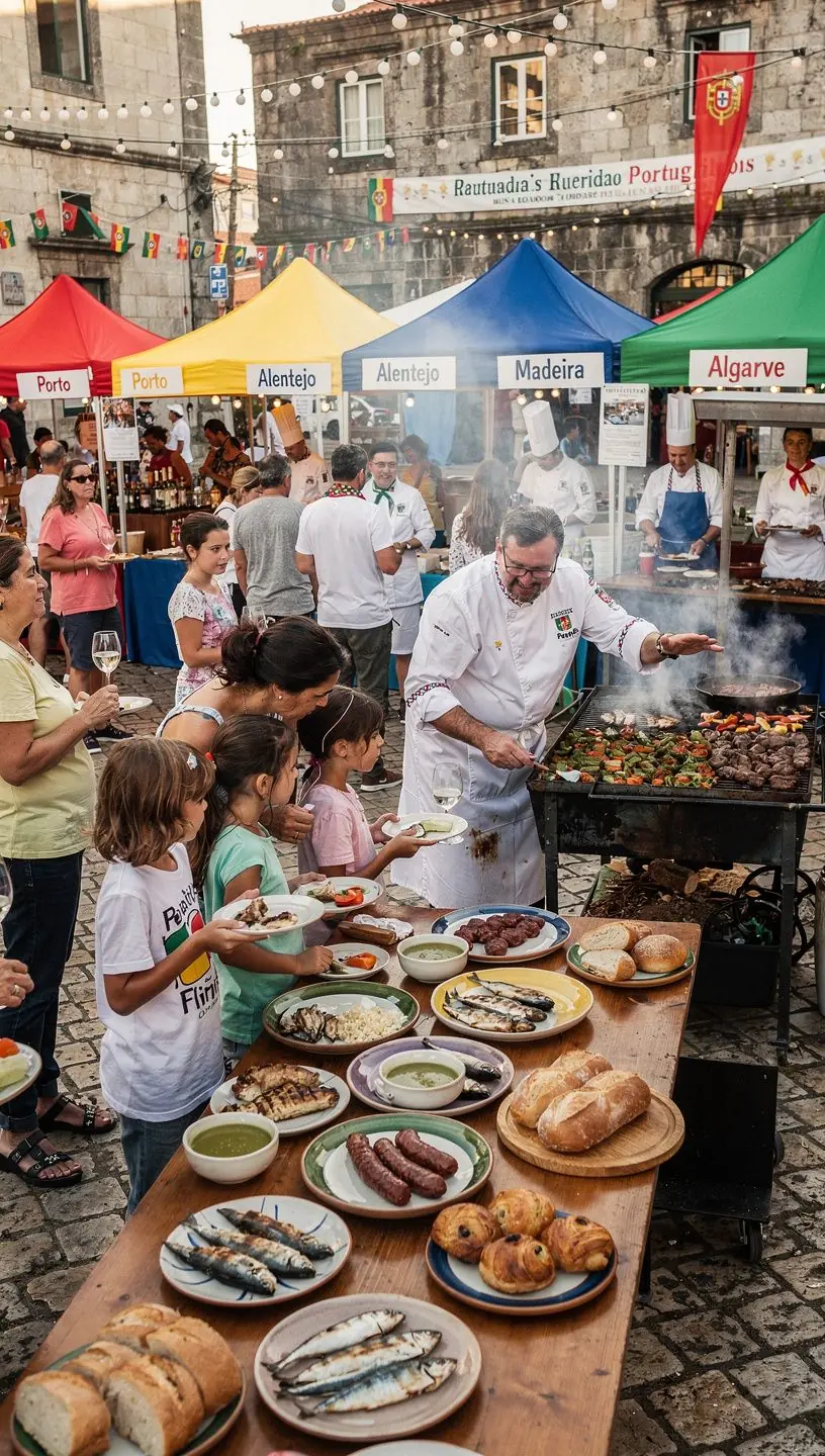 Artistas em trajes tradicionais durante festival em Portugal