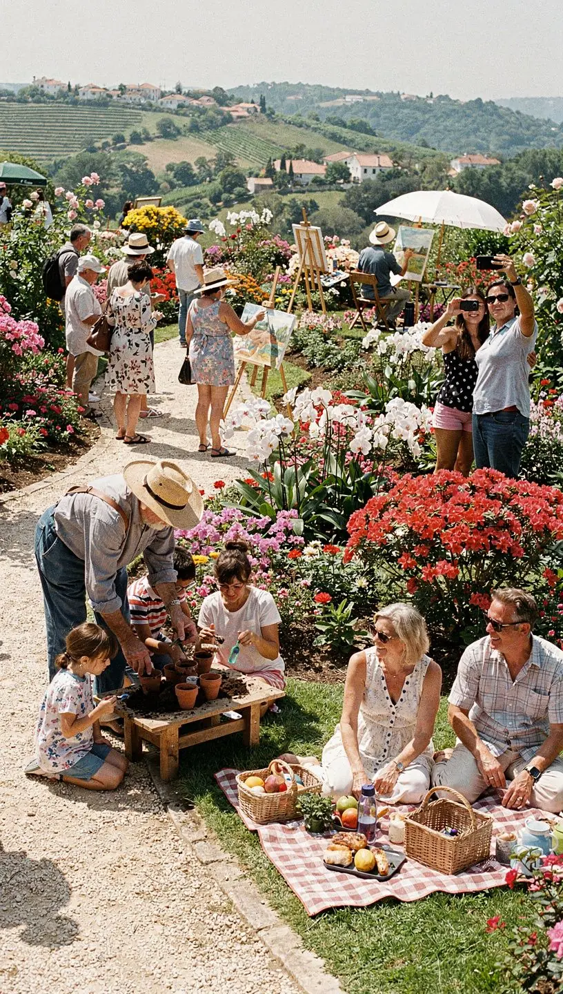 Voluntários participando em festival cultural vibrante.